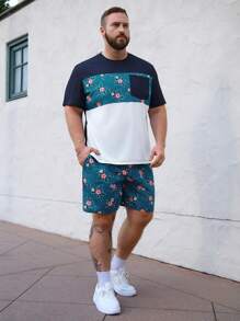 Genlund 男士大尺碼花卉印花短袖t恤和短褲套裝 - 彩色 - 查看 4