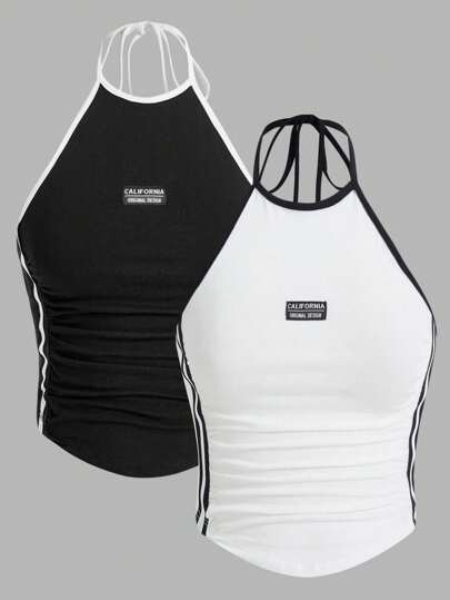 SHEIN ICON 2pcs Color Block Striped Side Tie Halter Y2k Top (Pack Of 2)