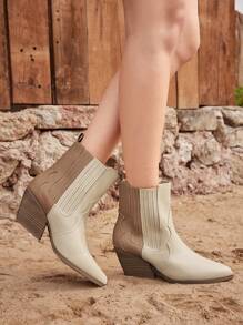 Styleloop Colorblock Western Style Short Boots, Pointed Toe, Brown - Apricot - View 5