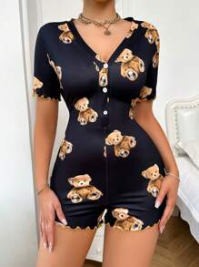 Bear Printed V-Neck Short Sleeve Button Front Romper Pajama - Black - View 5