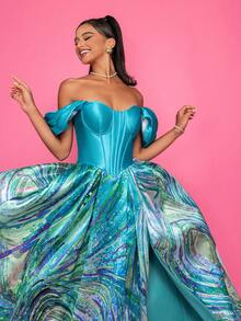 鲜艳的蓝色露肩高开叉长礼服，采用缎面面料，精美的花卉印花和蝴蝶结细节，优雅的派对，女士舞会礼服，正式晚礼服婚礼宾客礼服，适合毕业典礼，晚宴 - 綠色 - 查看 6