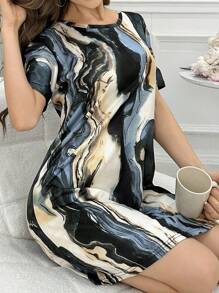 Vestido pijama con cuello redondo y manga corta, estilo de tinta y lavado, para ropa de dormir