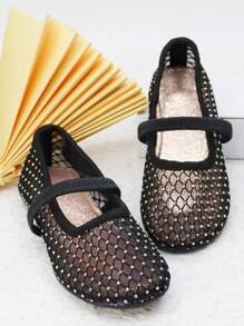 Tela De Malla Transpirable Negra, Con Patrón De Diamantes De Imitación Y Correa Elástica Aleatoria, Punta Redonda, Zapatos Planos Cómodos, Versátiles E Informales Para Niñas