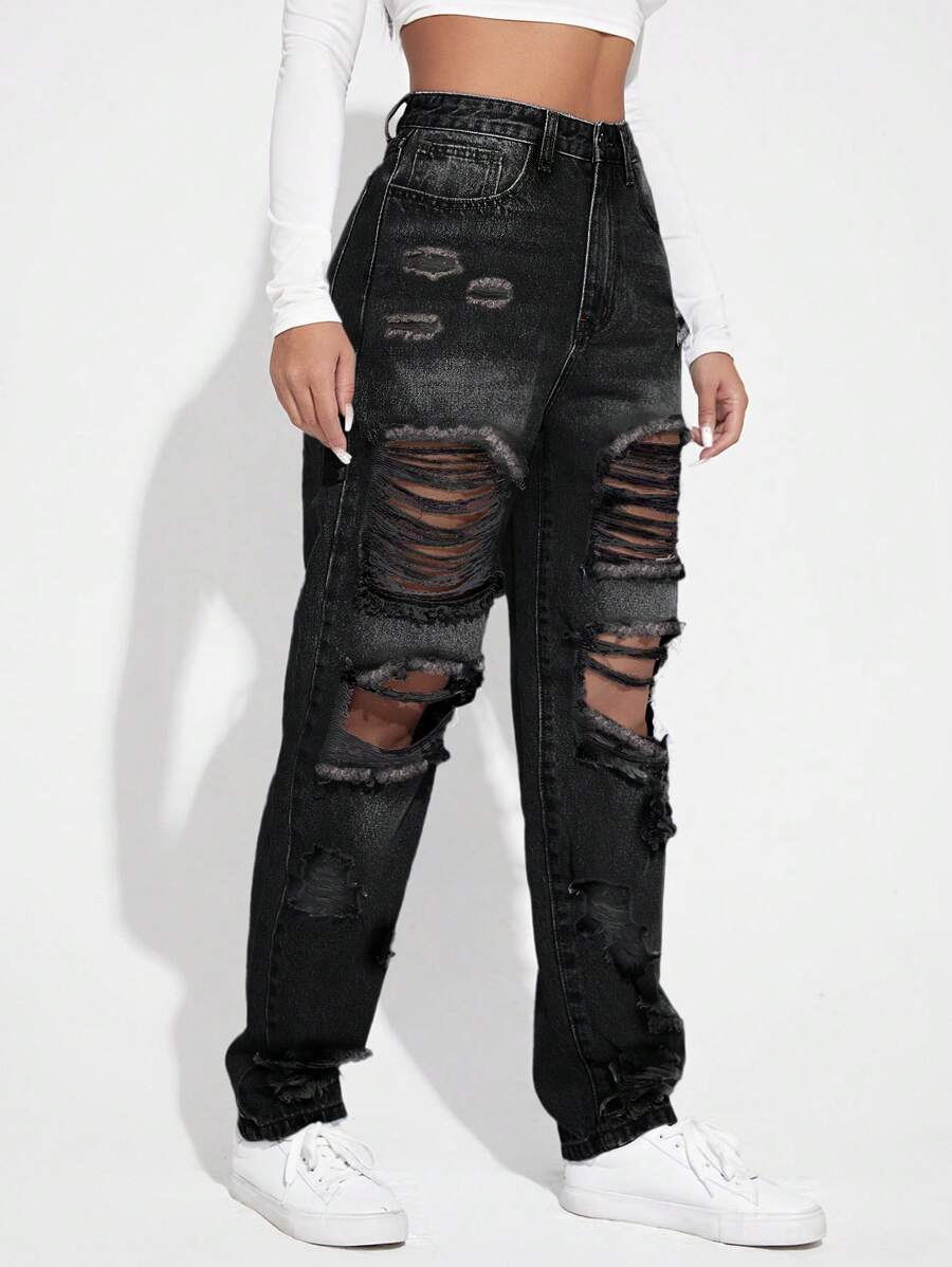 SHEIN EZwear 女士破洞直筒休閒牛仔褲 - 黑色 - 查看 1