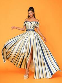 Váy trễ vai kẻ sọc thanh lịch cho nữ, váy dạ hội trang trọng - màu xanh lá - Xem 6