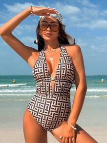 Swim SXY Summer Beach Women's Geometric Printed One-Piece Swimsuit - Khaki - View 3