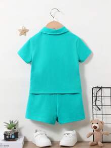SHEIN Ensemble De Polo À Manches Courtes Et Shorts Pour Bébé Garçon Avec Motif De Lettres Décontracté Pour L'extérieur - Multicolore - Voir 4