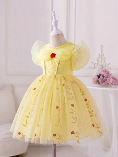 SHEIN Glamorique Kids Girl's Princess Dress, Yellow Princess Dress, Birthday, Party, Wedding Festival, Performance, Princess Gorgeous Dress, Sequin, Apple Print Dress, Commonly Worn In The Middle East, Europe And America, All Seasons