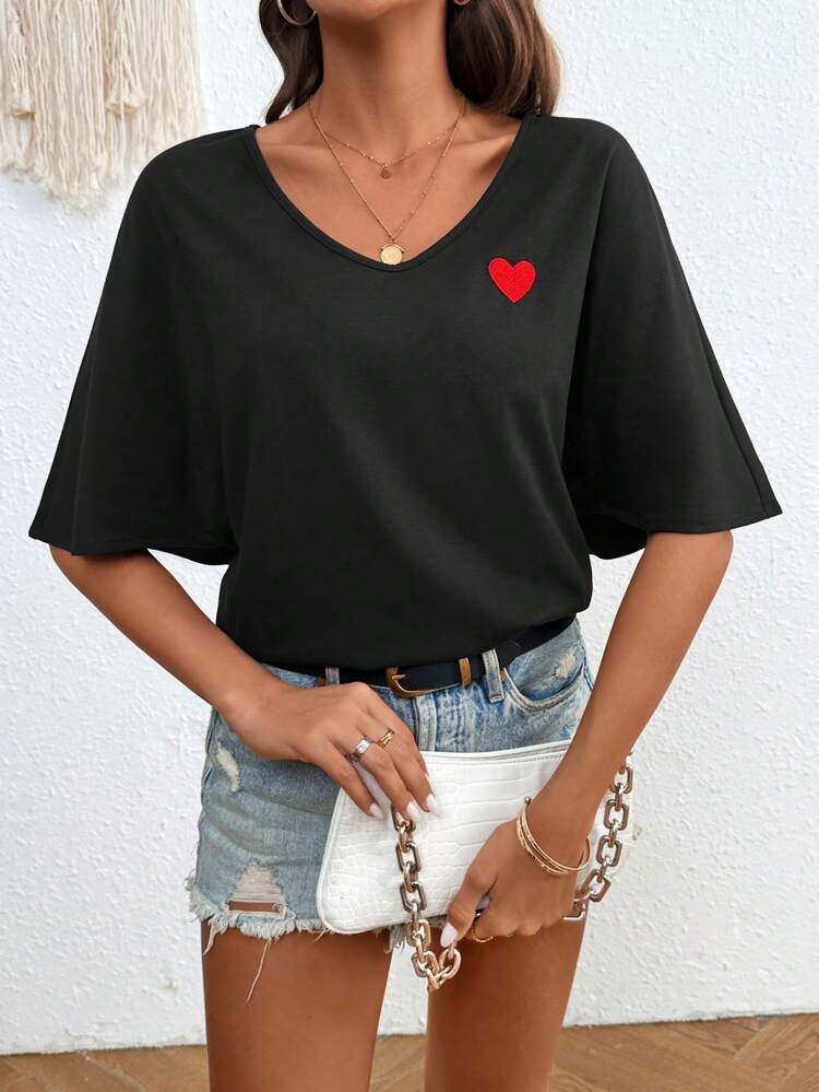 Women's V-Neck Bestselling Embroidered Heart Batwing Sleeve T-Shirt Casual Black