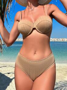 SHEIN Swim Solid Color Steel Support Push Up Separated Bikini Set Summer Beach - Khaki - View 7