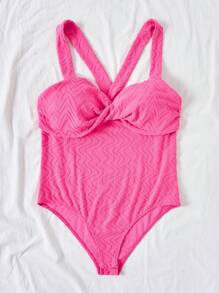 Soleia Plus Size Solid Color Textured Twist Knot Detail Cami Bodysuit - Hot Pink - View 4