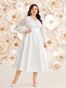 Modelyn Đầm dạ hội dài tay đèn lồng trang trí cổ chữ V cỡ lớn - trắng - Xem 5