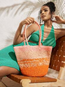 SHEIN VCAY Women Two Tone Paper Tote Bag - Multicolor - View 6