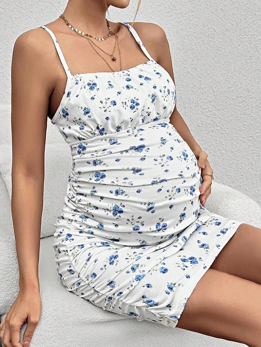SHEIN Maternity Casual Floral Print Ruched Bodycon Spaghetti Strap Dress - White - View 1