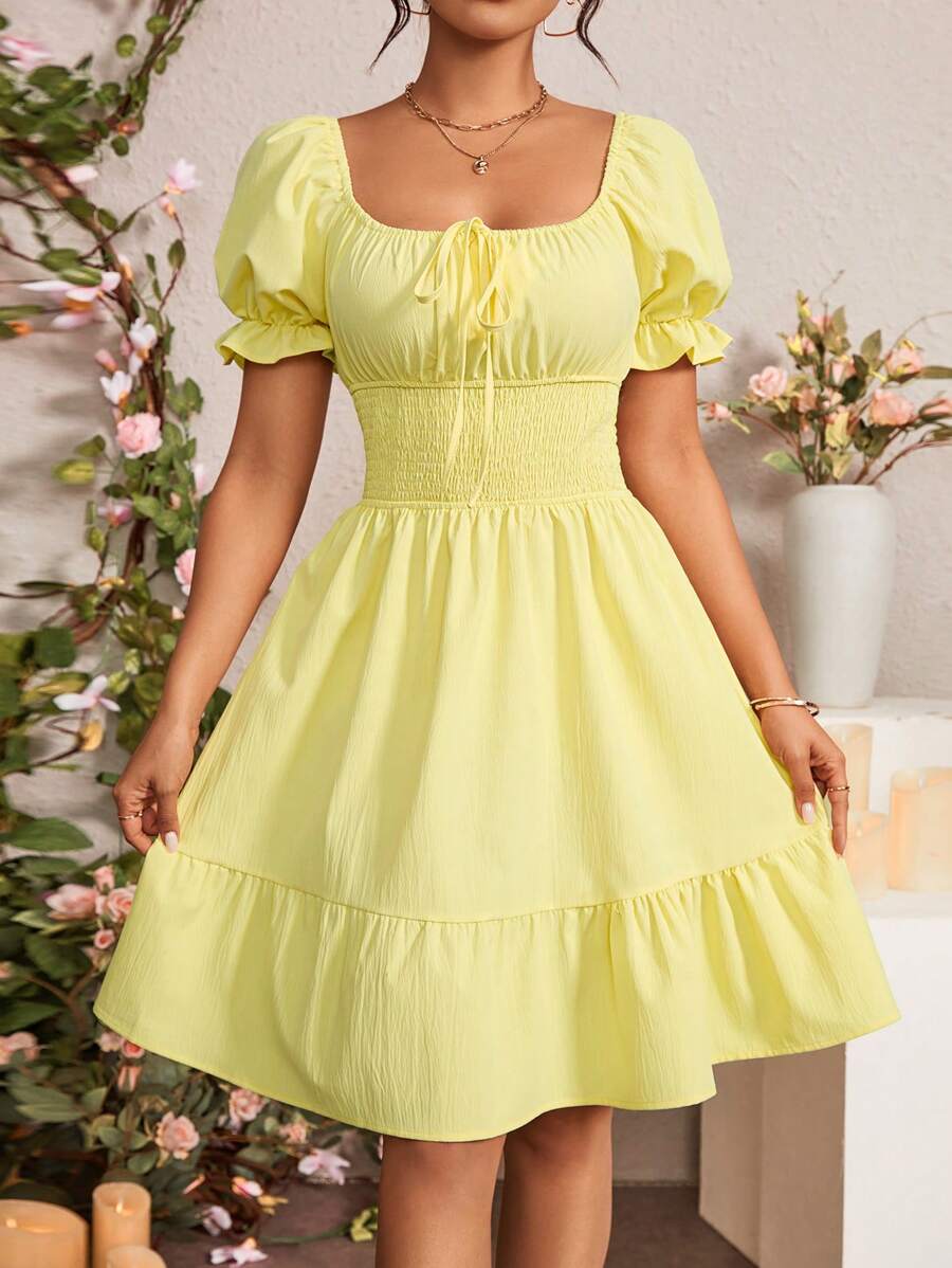 Rafferiza Vestido De Mangas Abullonadas Y Cintura Ajustada Para Mujer - Amarillo - Ver 1