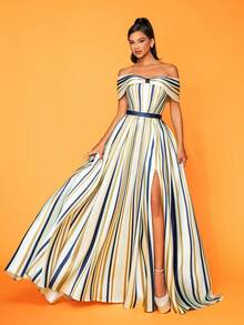 Váy trễ vai kẻ sọc thanh lịch cho nữ, váy dạ hội trang trọng - màu xanh lá - Xem 3