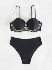 SHEIN Swim 性感比基尼套装上衣和纯色比基尼套装下装，带水钻和流苏细节，两件套比基尼套装，泳装泳衣海滩装音乐节暑假，夏日海滩 - 黑色 - 查看 6