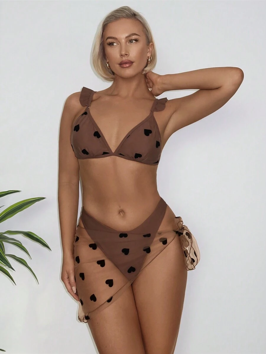 SHEIN Swim Bộ bikini tay loe in hình trái tim cho nữ, Bộ đồ tắm 3 món đi biển mùa hè - Cà phê nâu - Xem 1