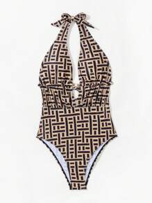 Swim SXY Summer Beach Women's Geometric Printed One-Piece Swimsuit - Khaki - View 7