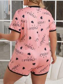 Plus Size Heart Printed Short Sleeves Round Neck One-Piece Pajamas - Pink - View 2