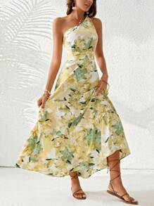 SHEIN VCAY Conjunto De Verano Para Mujer Vestido De Estampado Floral Sin Mangas Y Con Un Solo Hombro, Vestido De Estilo Campestre Para Las Vacaciones De Verano/primavera - Amarillo - Ver 8