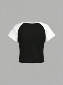 SHEIN Ensemble deux pièces t-shirt et jean évasé pour adolescentes avec motif étoilé et blocs de couleur