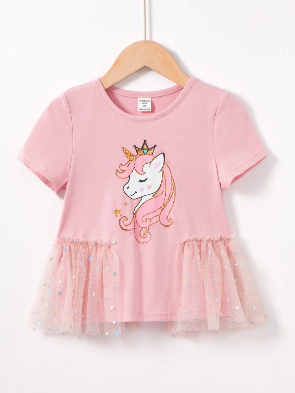 SHEIN Young Girl's Round Neck Short Sleeve T-Shirt With Animal Pattern & Mesh Fabric Hem