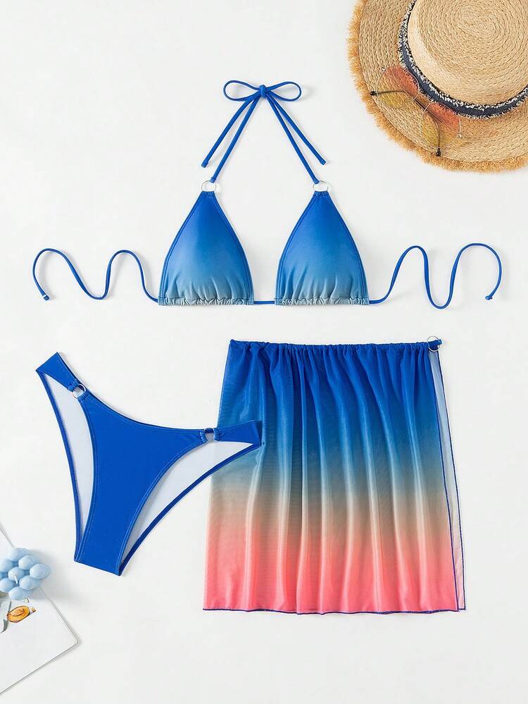 Women's Gradient Color Halter Neck Bandage Separated Bikini Set Three-Piece Set Summer Beach