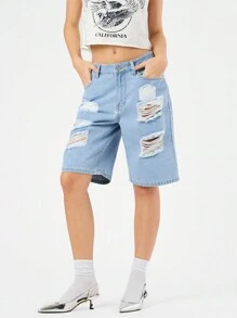 Forever 21 Pantalones Cortos De Mezclilla Desgastados Para Mujer - Celeste - Ver 1