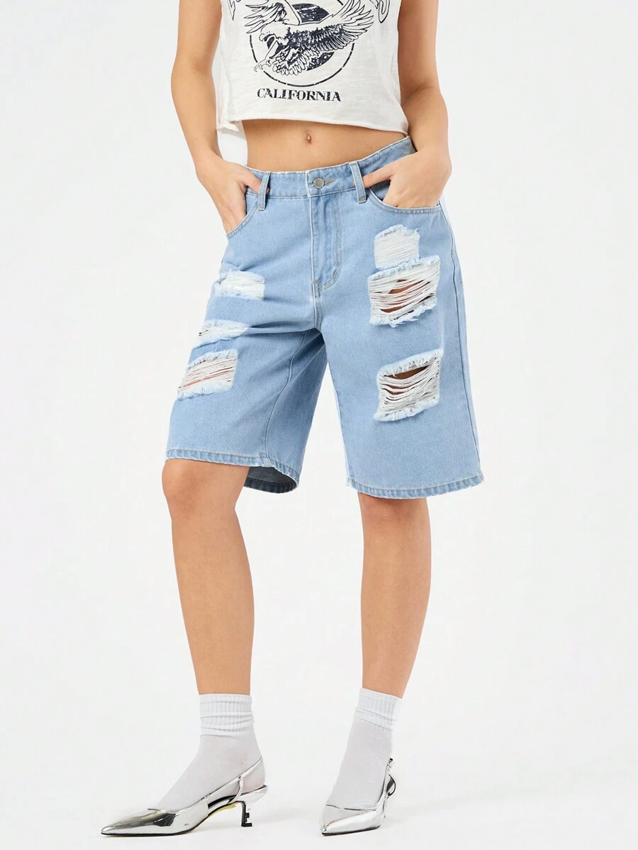 Forever 21 Pantalones Cortos De Mezclilla Desgastados Para Mujer - Celeste - Ver 1