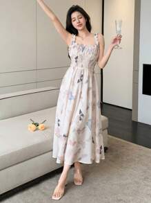 DAZY 印花帝国腰线吊带连衣裙，夏季，挤奶女工连衣裙，邮轮女装，度假连衣裙，复活节连衣裙，波西米亚风 - 杏色 - 查看 7