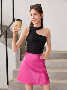 2pcs Teen Girls' Vest Top And Pink Pu Skirt