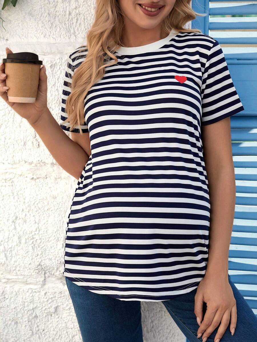 SHEIN Maternity Short Sleeve Stripe T-Shirt With Heart Pattern