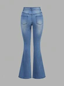 SHEIN Ensemble deux pièces t-shirt et jean évasé pour adolescentes avec motif étoilé et blocs de couleur