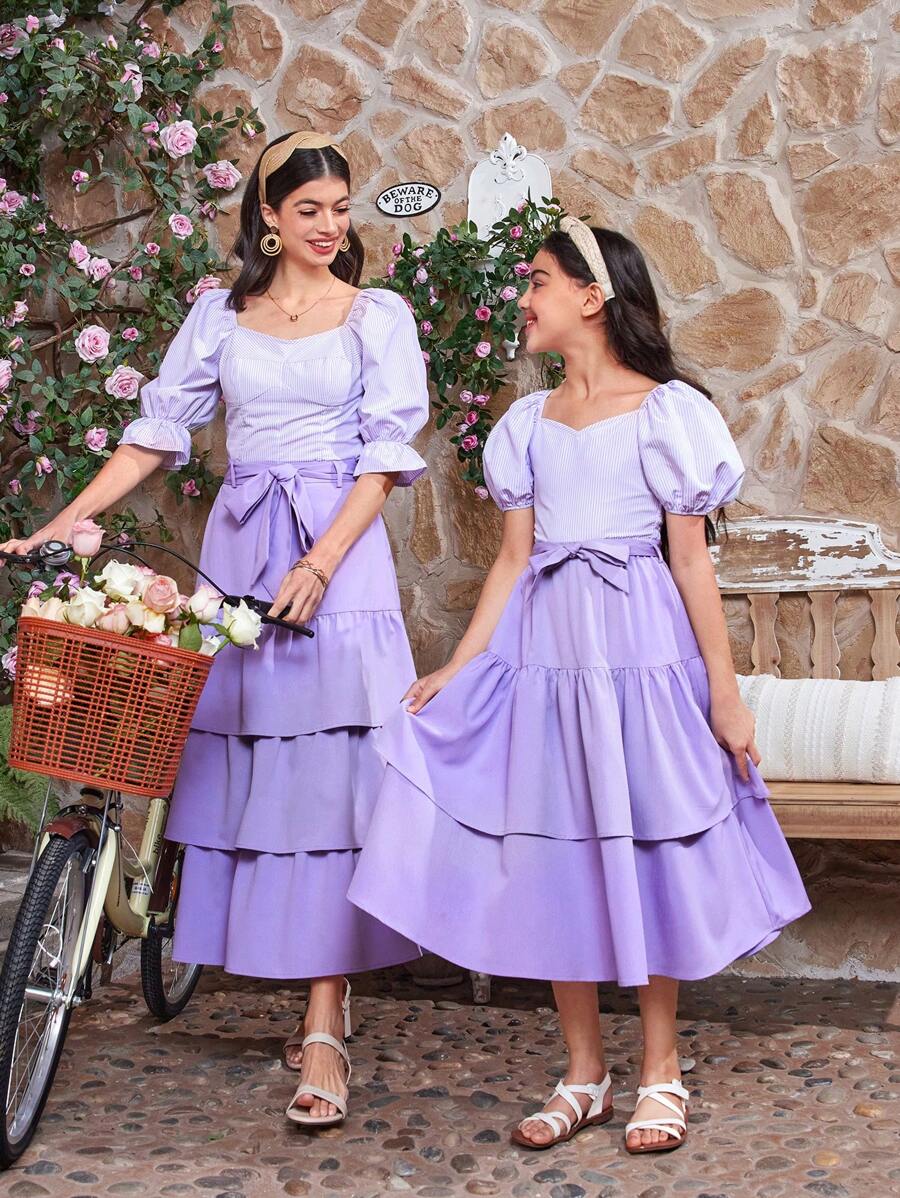 SHEIN Camisa con cuello corazón y mangas abullonadas a rayas, con cinturón desmontable y falda con volantes a juego para niña preadolescente (se venden por separado 2 conjuntos a juego mamá e hija)