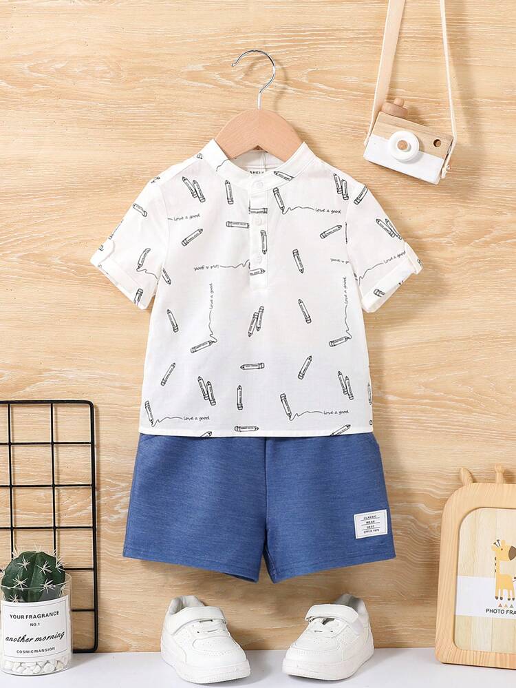Unisex Baby Casual Cartoon Fun Pattern Short Sleeve Shirt Solid Color Shorts Set