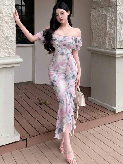 DAZY Vestido de verano con escote descubierto, bajo de cola de sirena y estampado floral diminuto para mujeres, ideal para el Día de San Valentín, Pascua