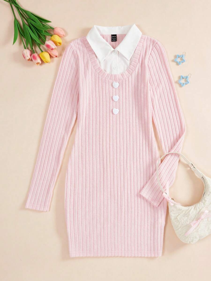 SHEIN MOD Của phụ nữ Khối màu Tay áo dài Dệt kim gân sọc Đầm Áo len Với 2 trong1 Thiết kế - Nhiều màu - Xem 1