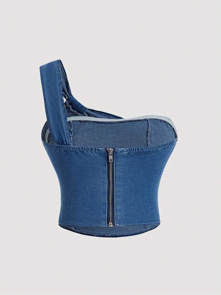 SHEIN MOD Top De Mezclilla Para Mujer De Hombro Asimétrico Y Color Sólido - Lavado ligero - Añade 2