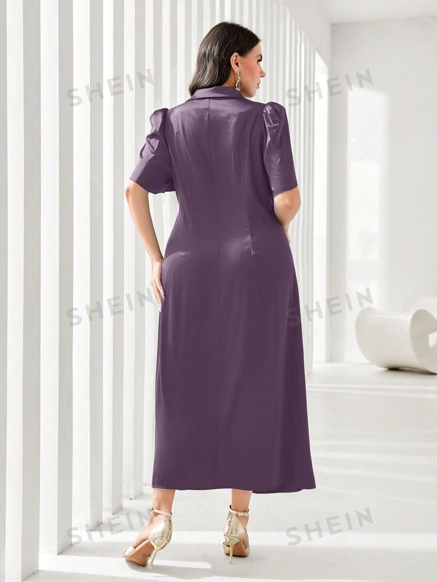 SHEIN Modely Plus Size Plain Color Lapel Petal Sleeve Faux Pearl Ruched