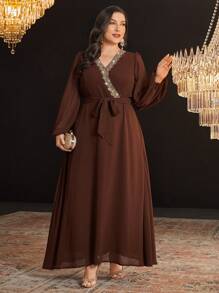 Modelyn Đầm dạ hội dài tay cổ chữ V tay đèn lồng cỡ lớn, váy dạ hội thanh lịch, váy dạ hội dài - Cà phê nâu - Xem 5