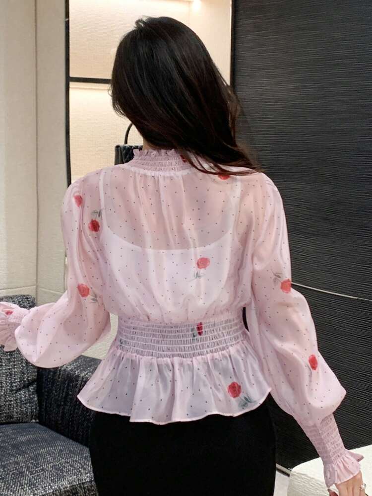 Ladies' Floral & Polka Dot Print Stand Collar Shirred Long Sleeve Shirt With Cinching Waist Sheer