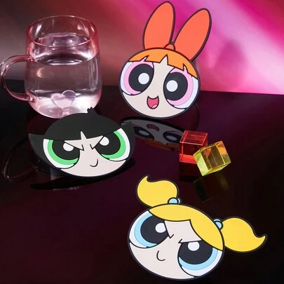 THE POWERPUFF GIRLS X SHEIN 3 Pcs/Set Cartoon Blossom, Bubbles, Buttercup Pattern Cup Coaster,Desk Decor, Heat Insulation, Y2k