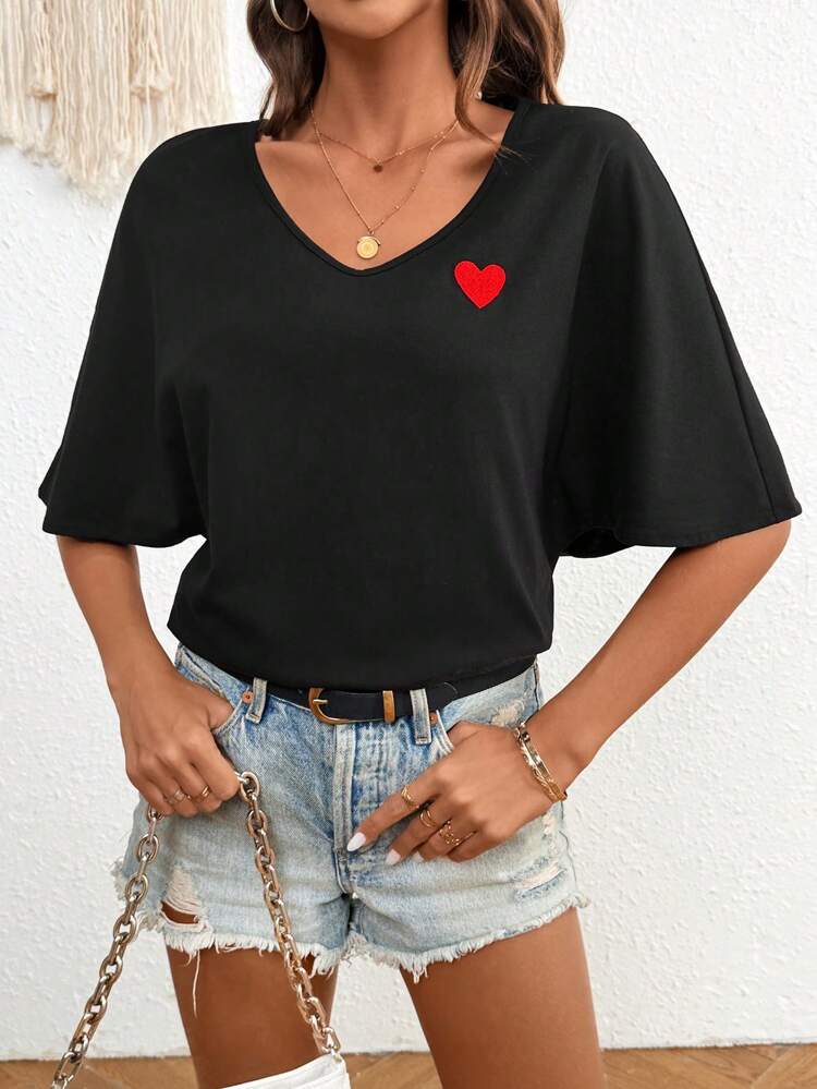 Women's V-Neck Bestselling Embroidered Heart Batwing Sleeve T-Shirt Casual Black