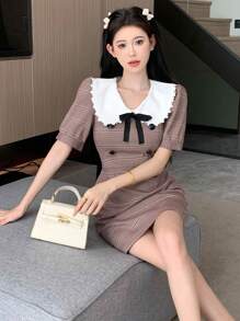 DAZY Đầm dạ hội tay ngắn họa tiết Houndstooth cổ Peter Pan phối màu cho nữ - Nhiều màu - Xem 6