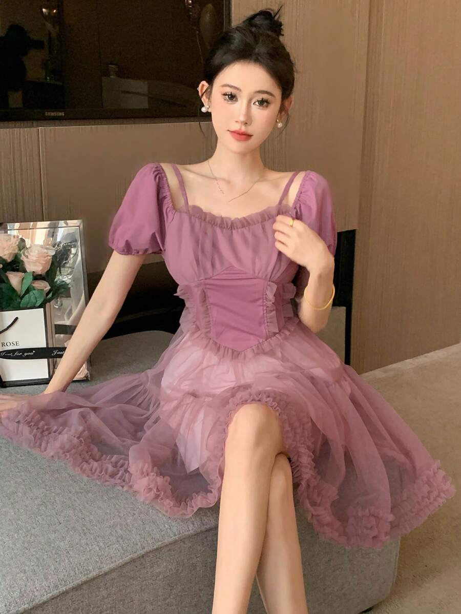DAZY 女士网纱泡泡袖荷叶边连衣裙，生日舞会礼服，优雅女装 - 紫色 - 查看 1