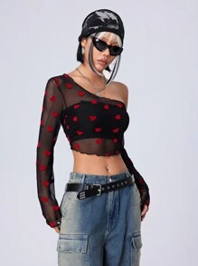 SHEIN EZwear 情人节女士红色心形网纱不对称领口荷叶边上衣，适合春夏穿着 - 黑色 - 查看 8