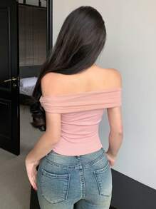 DAZY 女性露肩褶皺上衣 - 藕粉色 - 查看 2