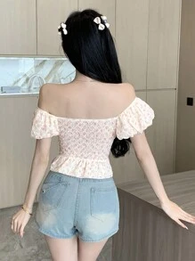 DAZY Women's Off Shoulder Princess Style Striped Ditsy Floral Blouse,Ruffle,Crop Tops Women