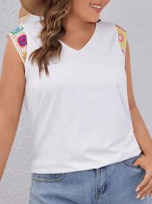 SHEIN VCAY Plus Size Women's Floral Patchwork V-Neck T-Shirt - White - View 1